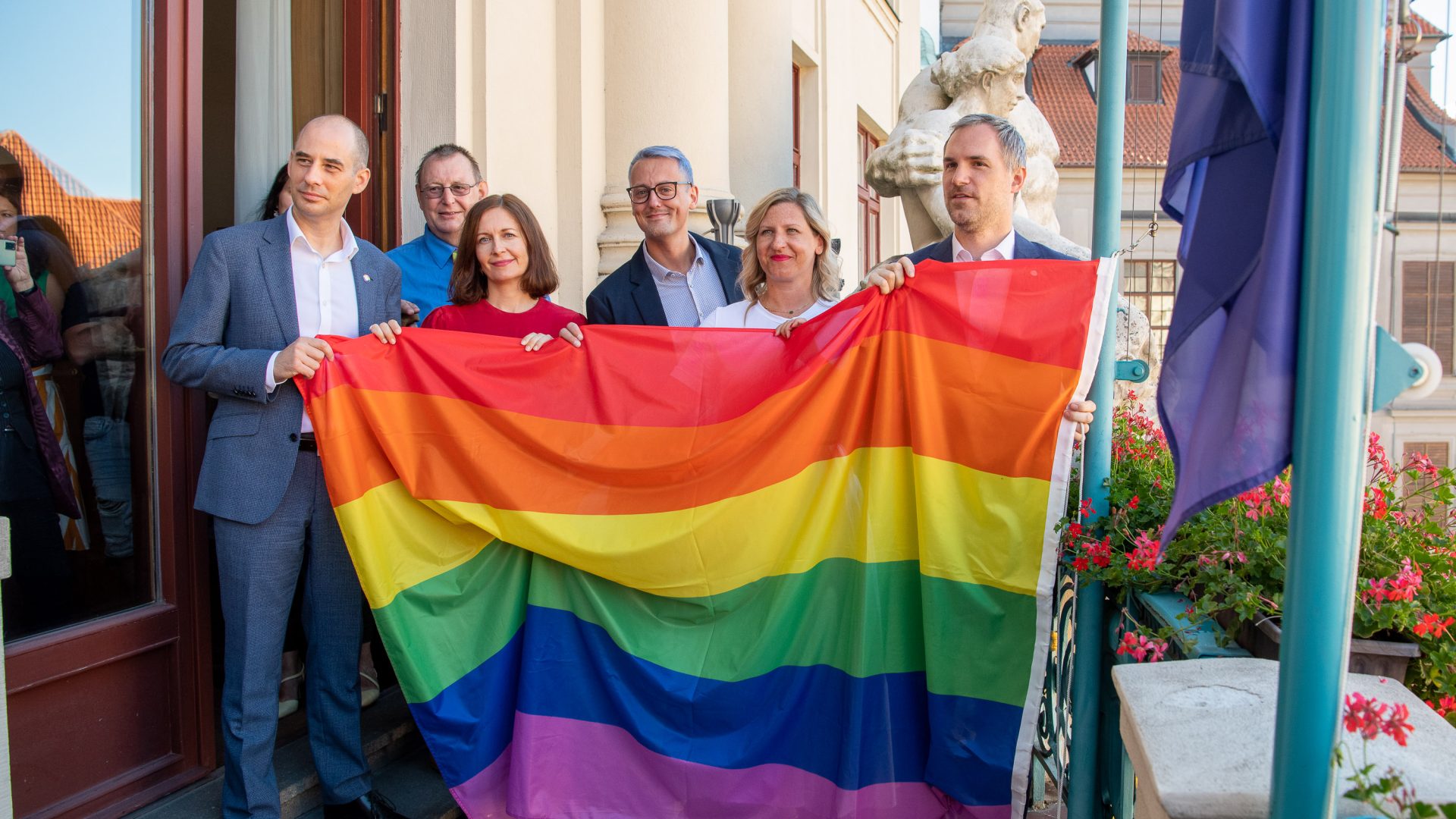 Raingbow flag on Prague city hall and Press conference